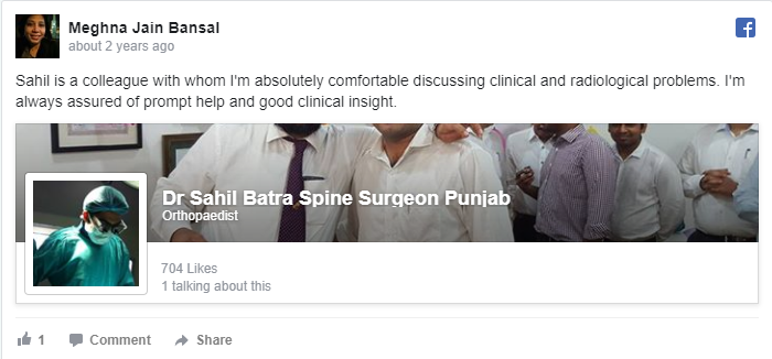 Facebook review from a patient of Dr Sahil Batra, Jalandhar