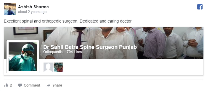 Facebook review praising spine surgery care at Batra's Spine Clinic